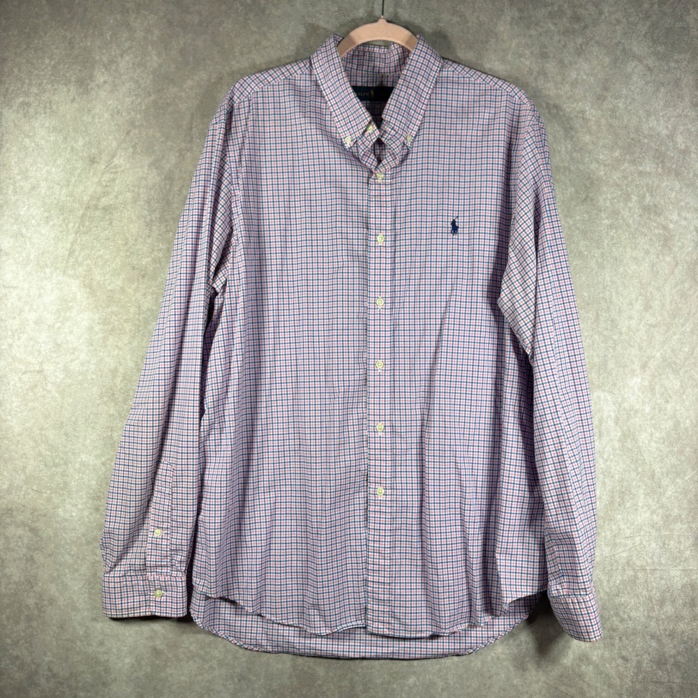Ralph Lauren Button Down Shirt Men XL Pink Blue Gingham Check Long Sleeve Cotton